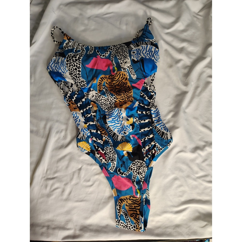 Red Carter Womens Jungle Safari Animal Print Cutout One Piece Swimsuit Blue S